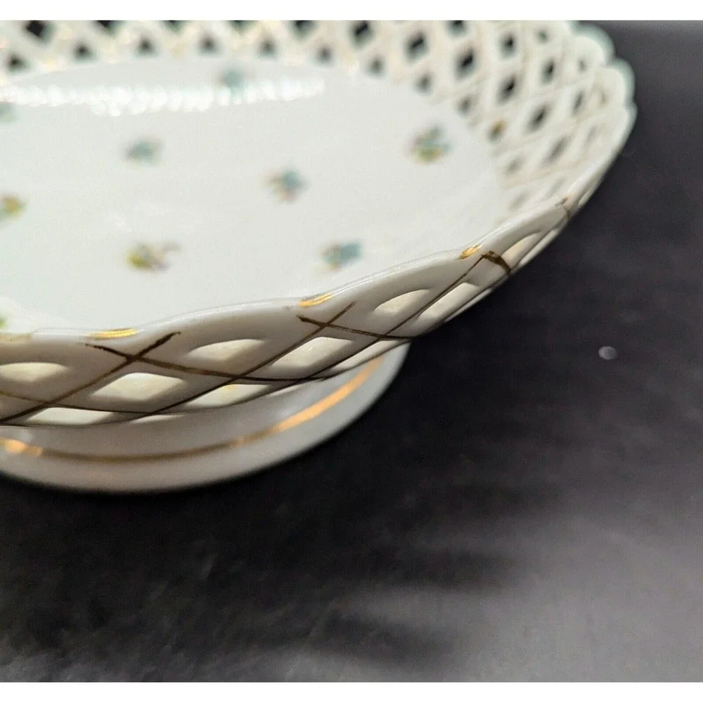 Vintage Pierced Porcelain Floral Pedestal Fruit Console Bowl Flower Floral 9
